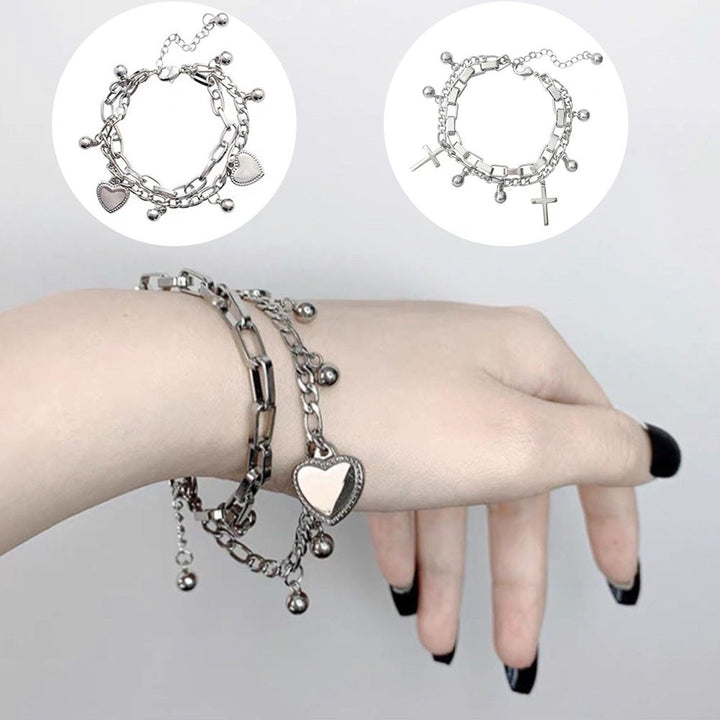 Fashion Women 2-layer Love Heart Cross Charm Hand Chain Bracelet Jewelry Gift Image 2