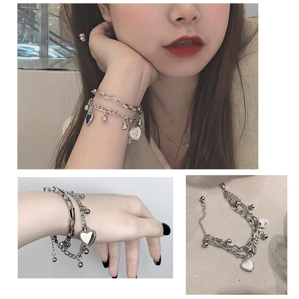 Fashion Women 2-layer Love Heart Cross Charm Hand Chain Bracelet Jewelry Gift Image 4