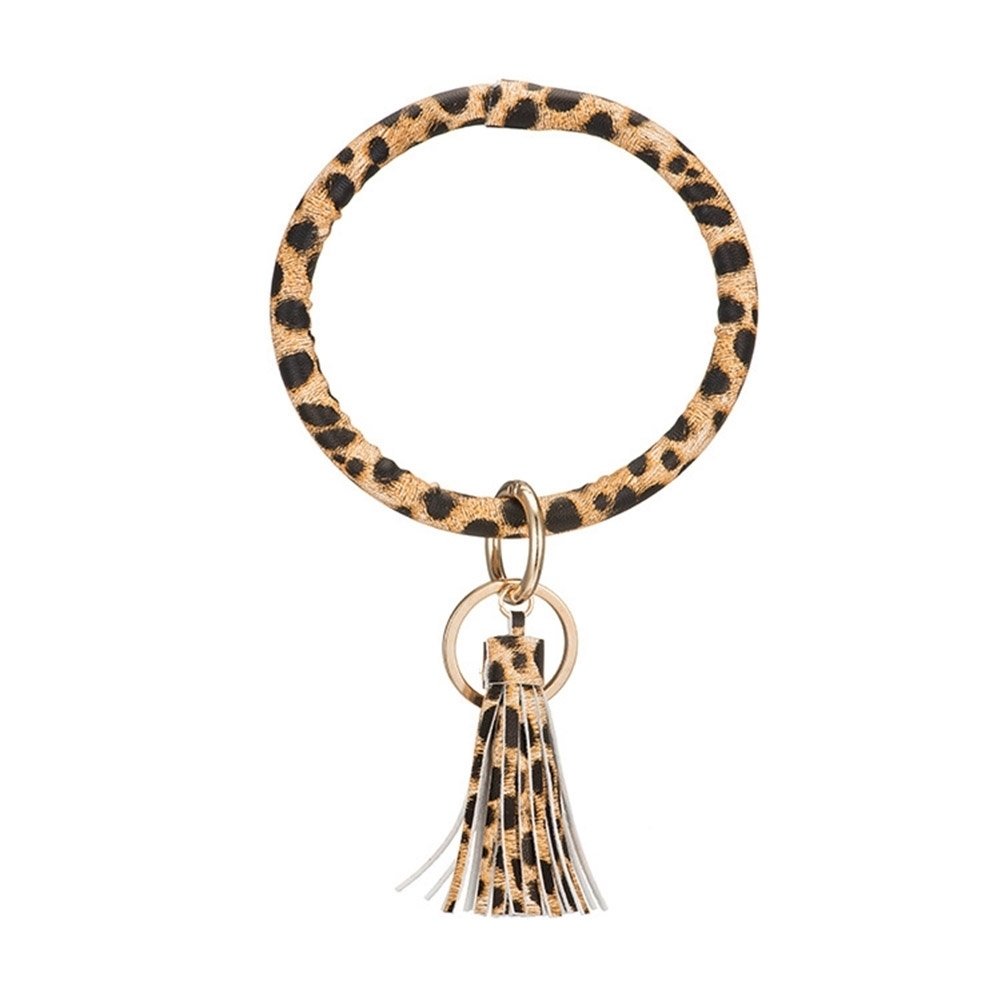 Women Leopard Solid Color Tassel Bracelet Wristlet Keychain Key Ring Holder Image 8