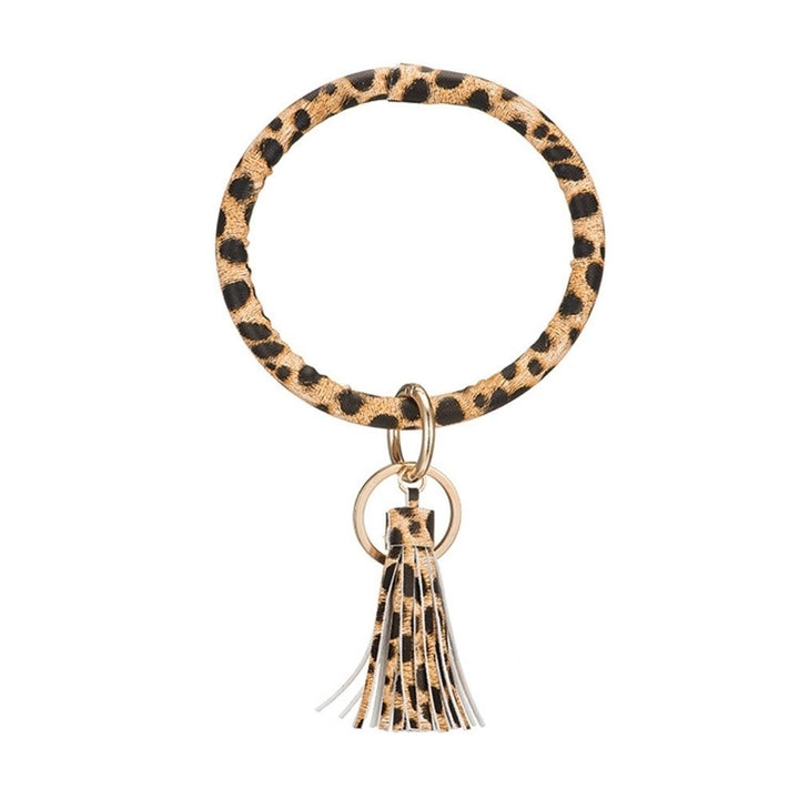 Women Leopard Solid Color Tassel Bracelet Wristlet Keychain Key Ring Holder Image 1