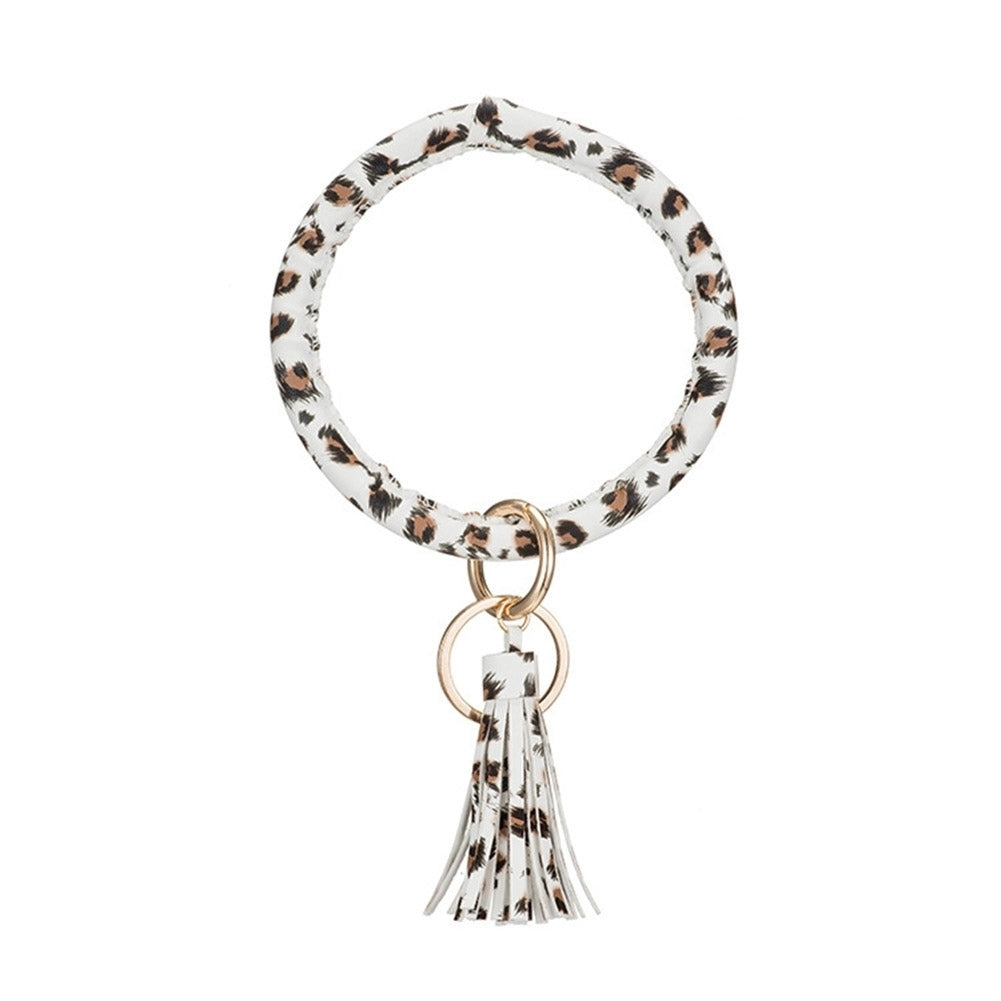 Women Leopard Solid Color Tassel Bracelet Wristlet Keychain Key Ring Holder Image 11