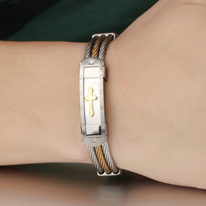 Unisex Stylish Stainless Steel Three Layer Cross Bangle Wrist Bracelet Jewelry Image 2