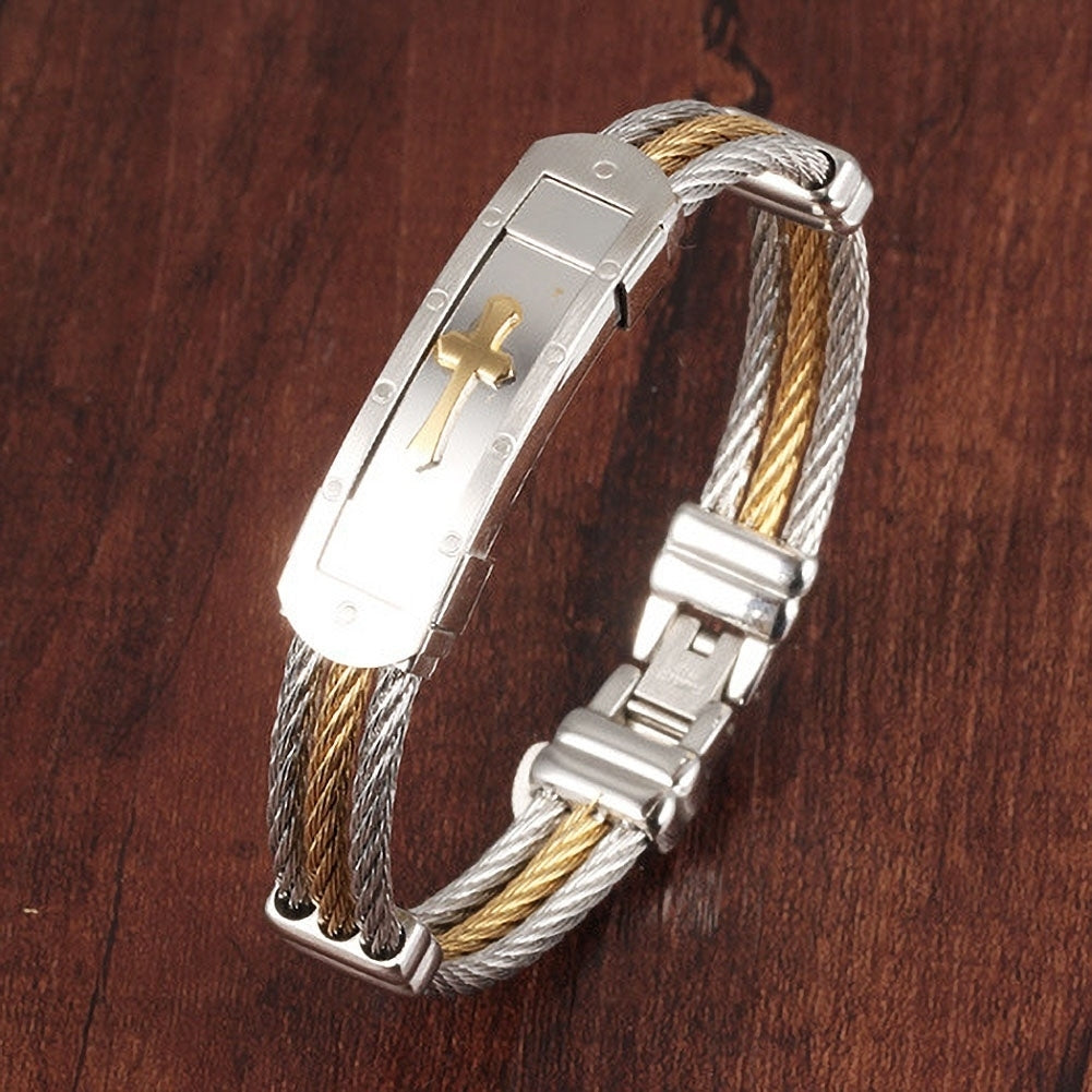 Unisex Stylish Stainless Steel Three Layer Cross Bangle Wrist Bracelet Jewelry Image 4