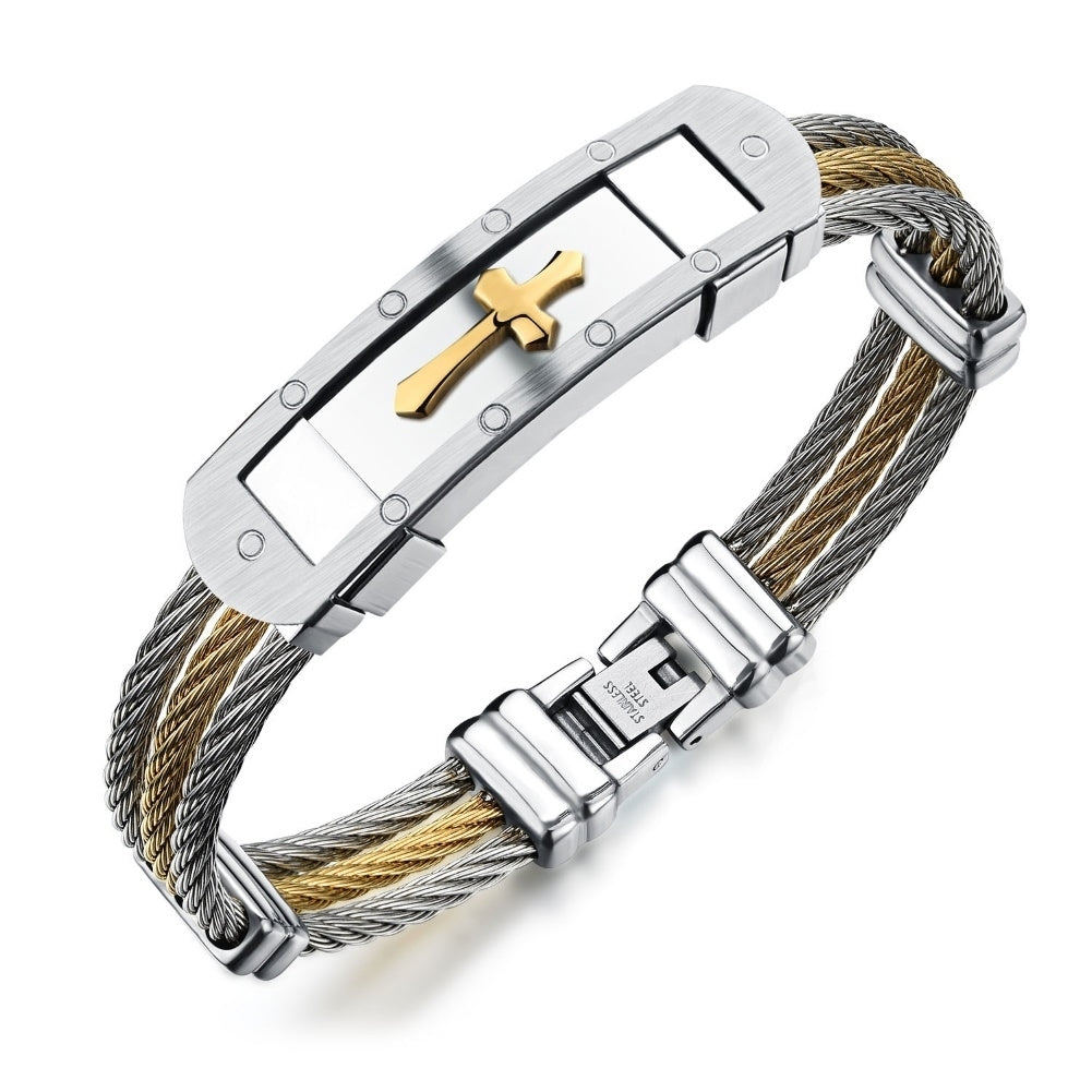 Unisex Stylish Stainless Steel Three Layer Cross Bangle Wrist Bracelet Jewelry Image 7