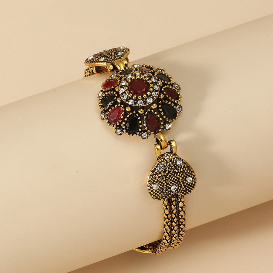 Retro Exaggerated Personality Faux Gemstone Flower Golden Bracelet Bangle Gift Image 1