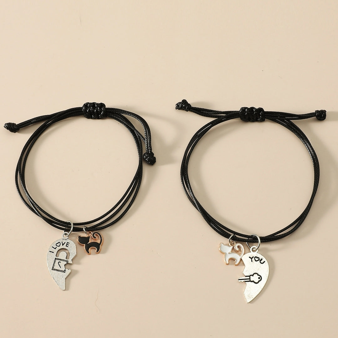 2Pcs Pull Adjustable Cat Open Heart Shape Hanging Drop Couple Braided Bracelet Image 3