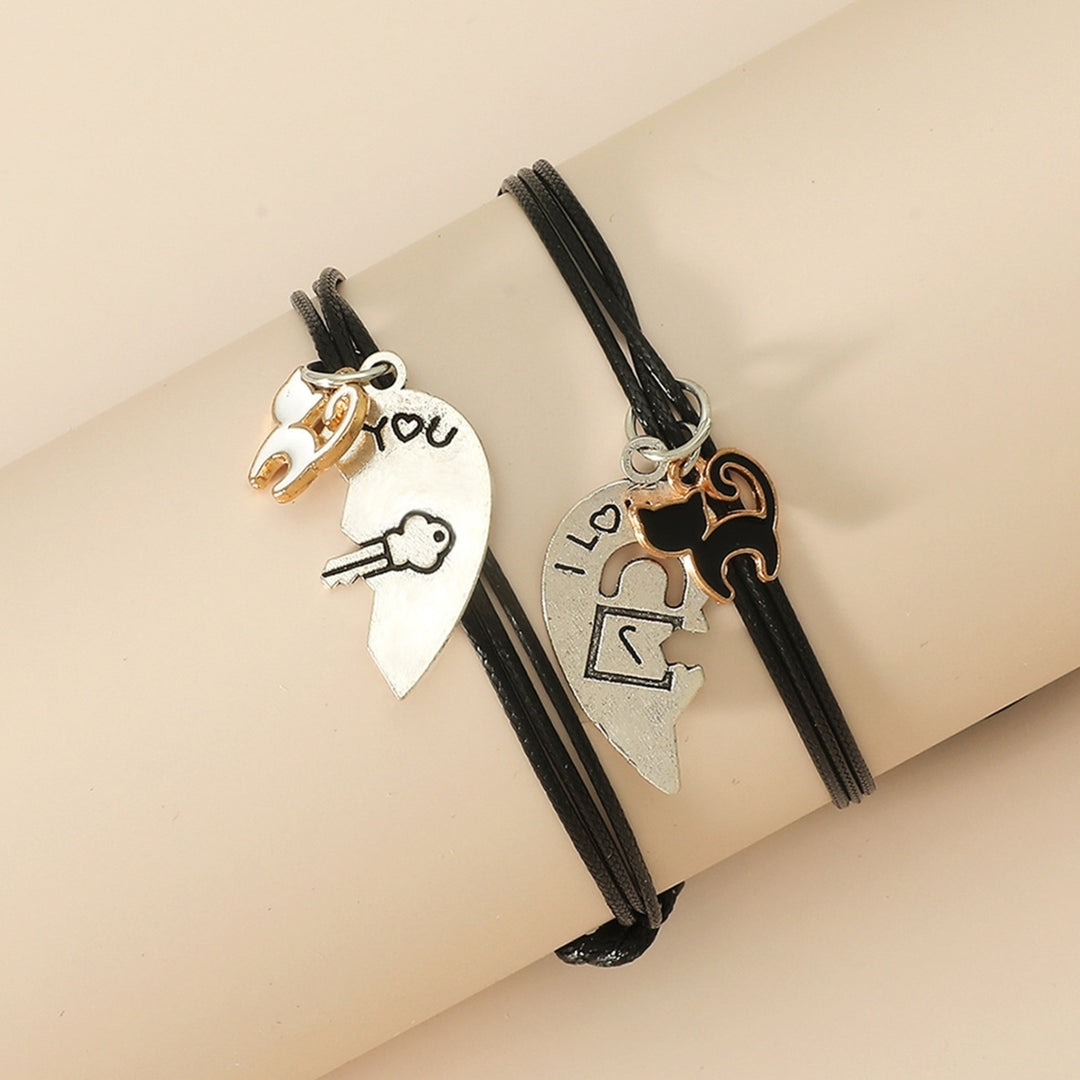 2Pcs Pull Adjustable Cat Open Heart Shape Hanging Drop Couple Braided Bracelet Image 4