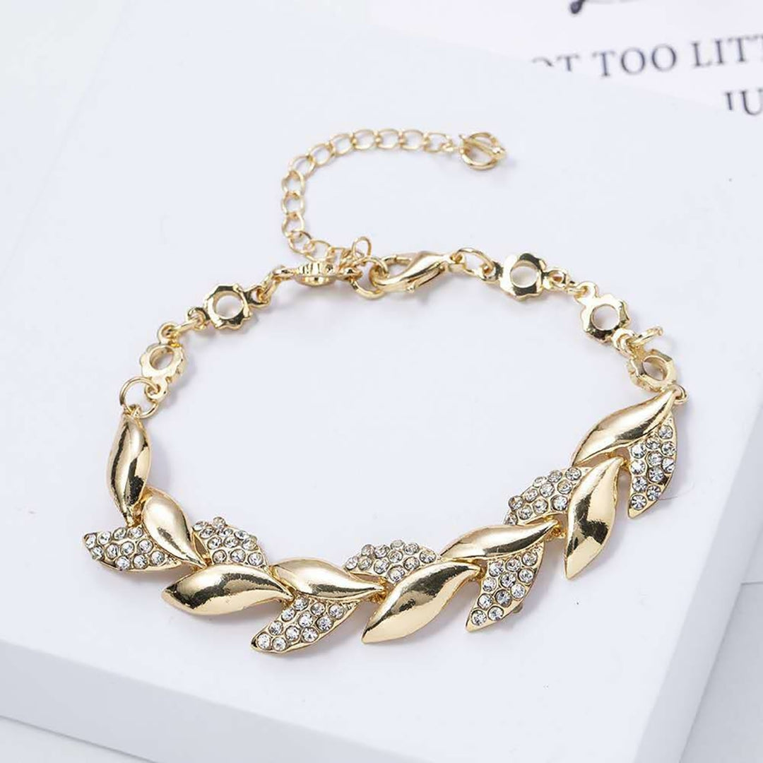 Adjustable Golden Leaves Rhinestone Bracelets Elegant Leaf Bangle for Women Image 2