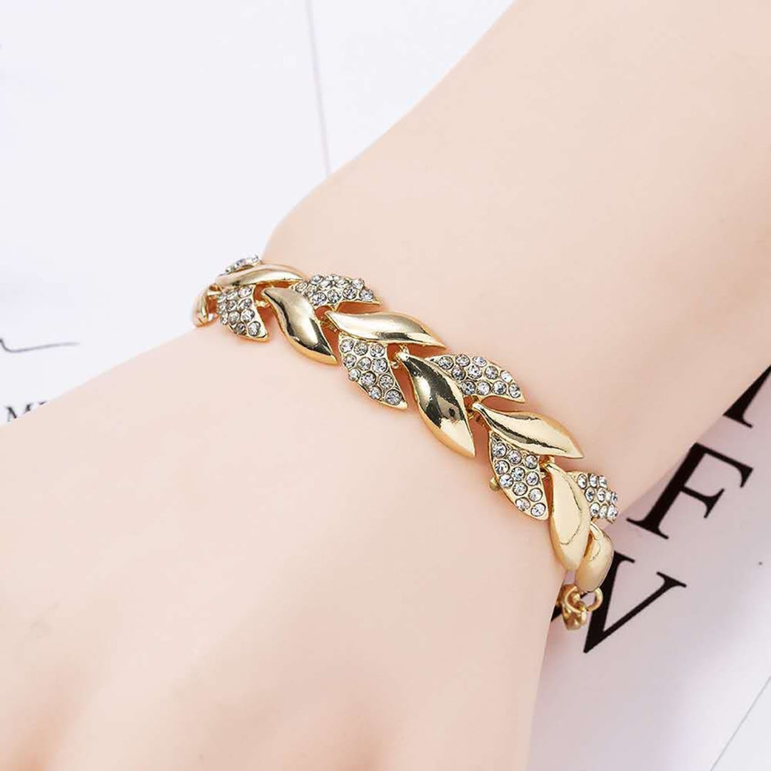 Adjustable Golden Leaves Rhinestone Bracelets Elegant Leaf Bangle for Women Image 3