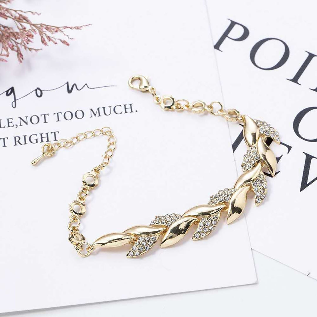 Adjustable Golden Leaves Rhinestone Bracelets Elegant Leaf Bangle for Women Image 4