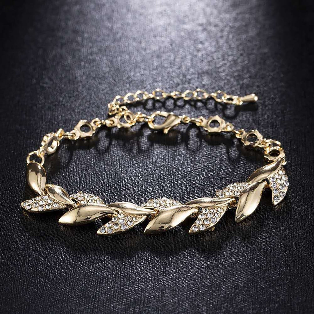 Adjustable Golden Leaves Rhinestone Bracelets Elegant Leaf Bangle for Women Image 6