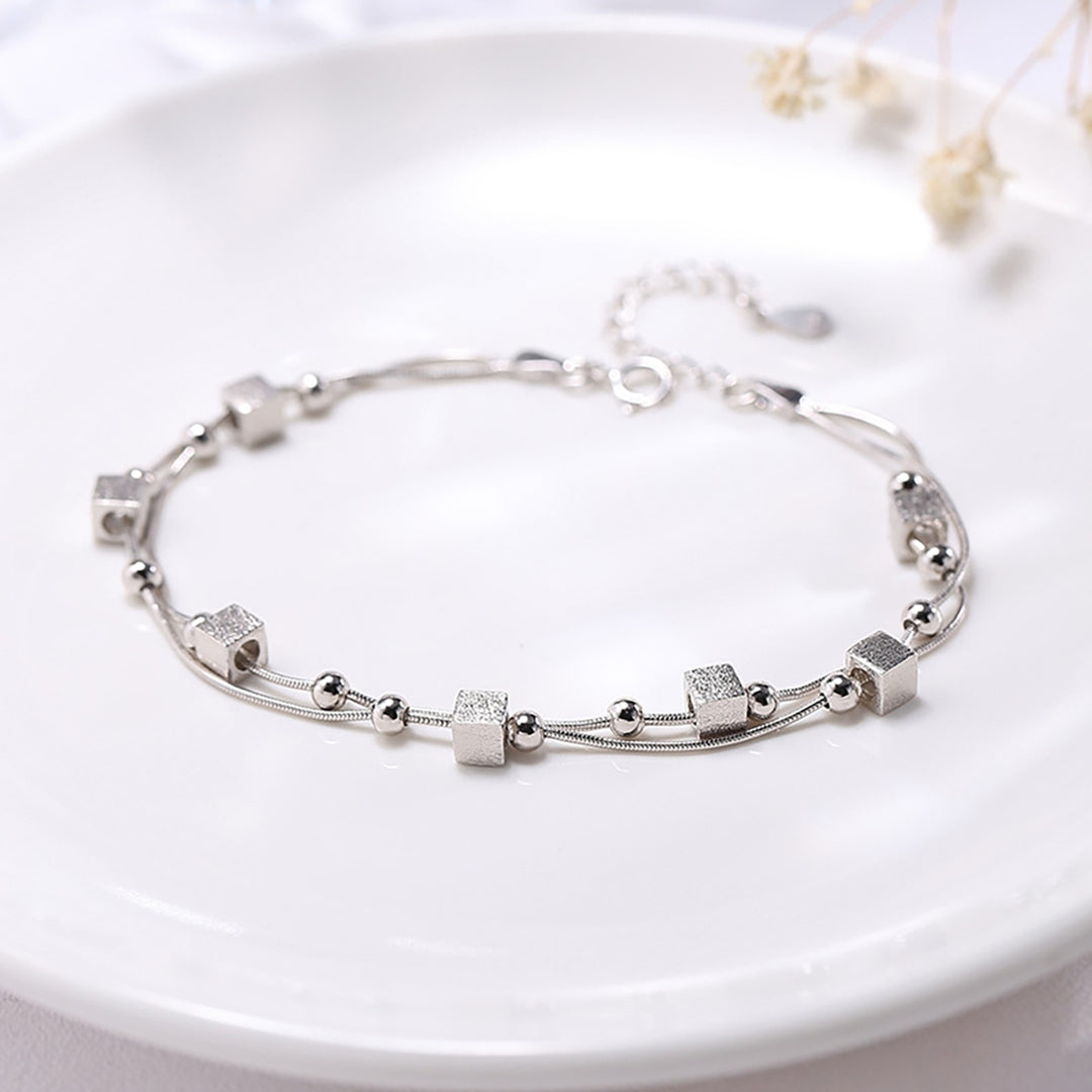 Women Bead Square Bracelet 2-Layers Chain Bangle Jewelry Accessory for Valentine Day Image 6