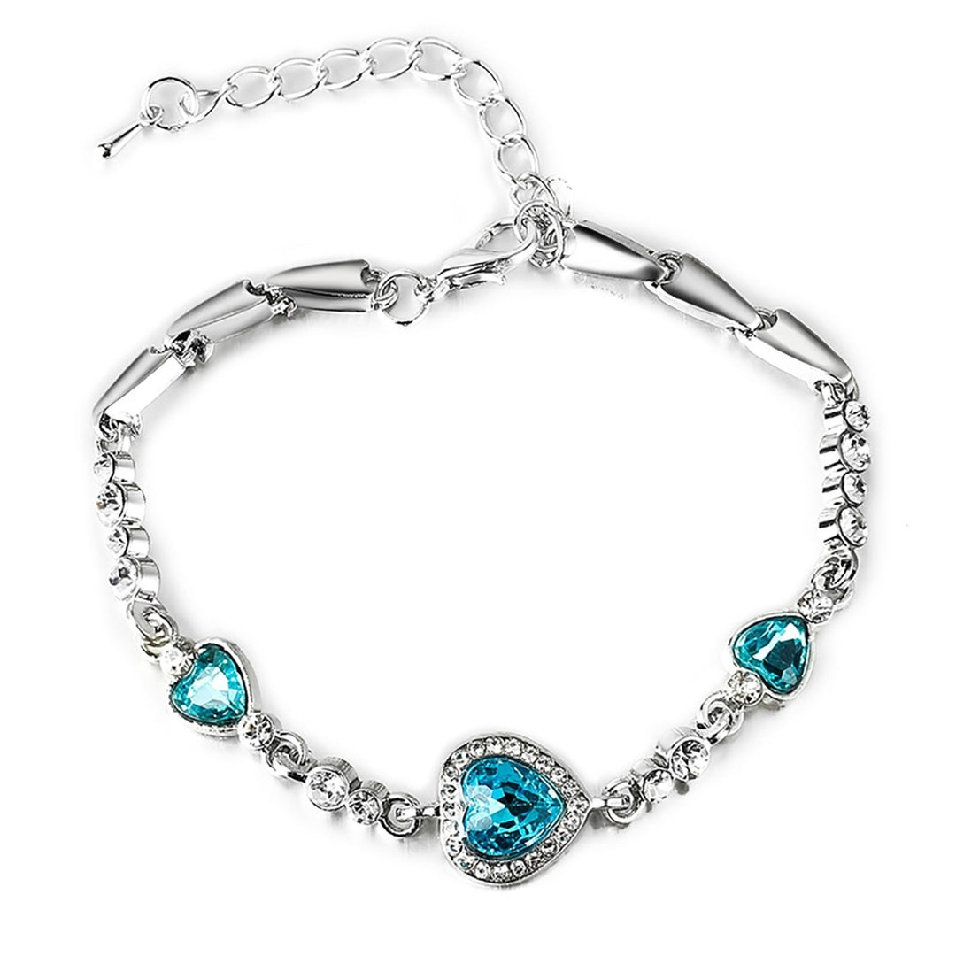 Women Heart Shape Blue Rhinestone Alloy Adjustable Elegant Chain Bracelet for Party Image 3