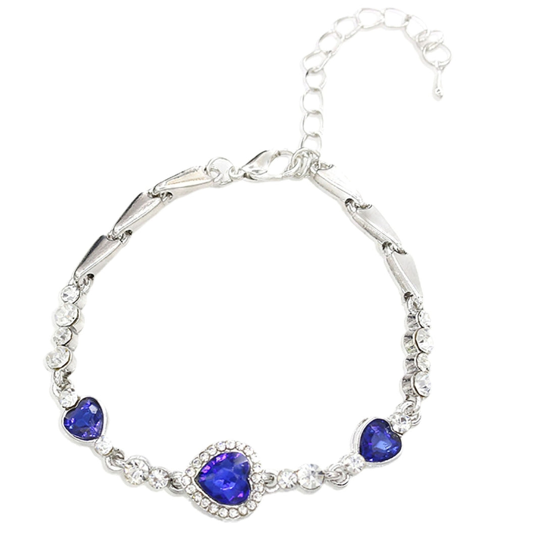 Women Heart Shape Blue Rhinestone Alloy Adjustable Elegant Chain Bracelet for Party Image 4