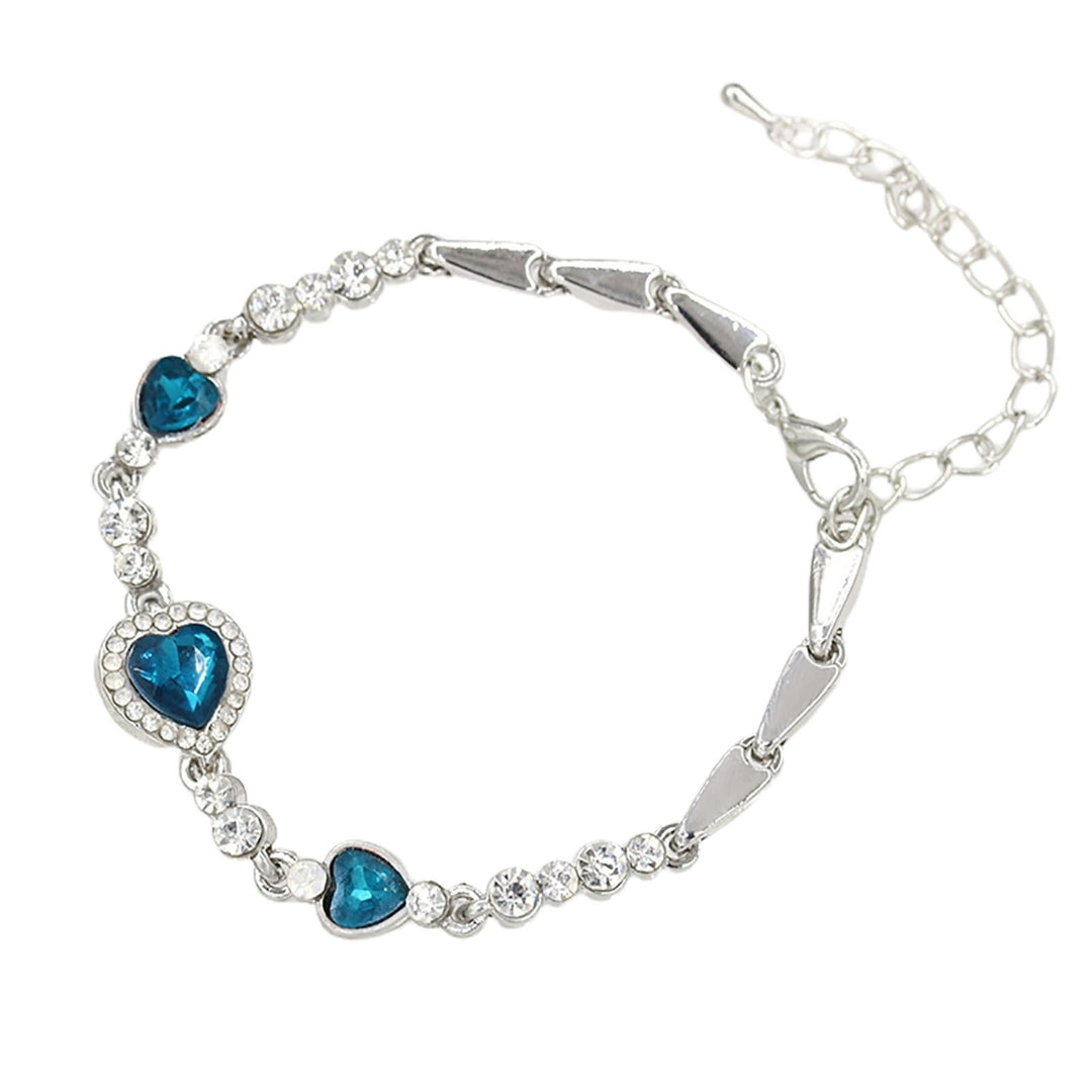 Women Heart Shape Blue Rhinestone Alloy Adjustable Elegant Chain Bracelet for Party Image 7