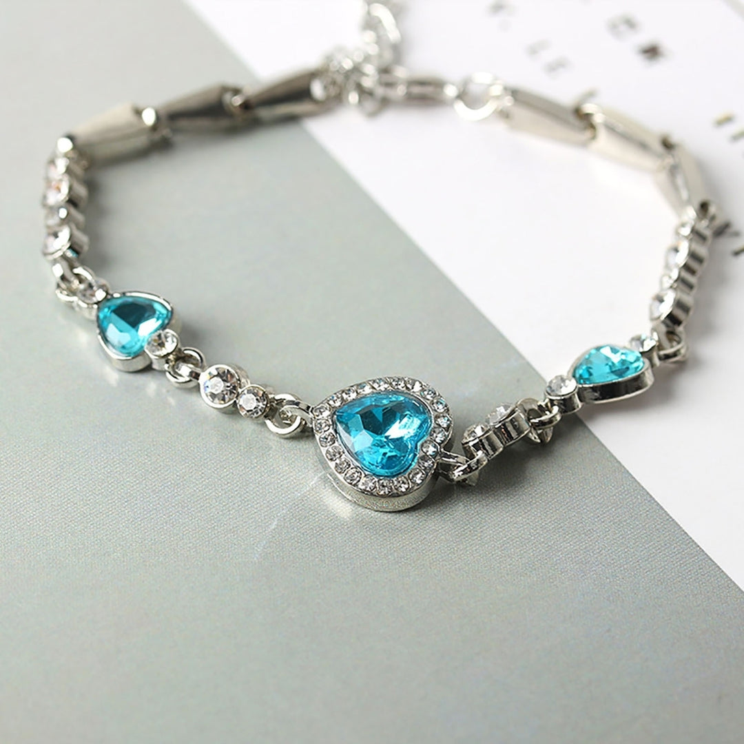 Women Heart Shape Blue Rhinestone Alloy Adjustable Elegant Chain Bracelet for Party Image 8