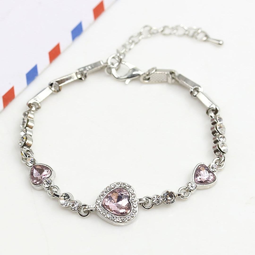 Women Heart Shape Blue Rhinestone Alloy Adjustable Elegant Chain Bracelet for Party Image 9