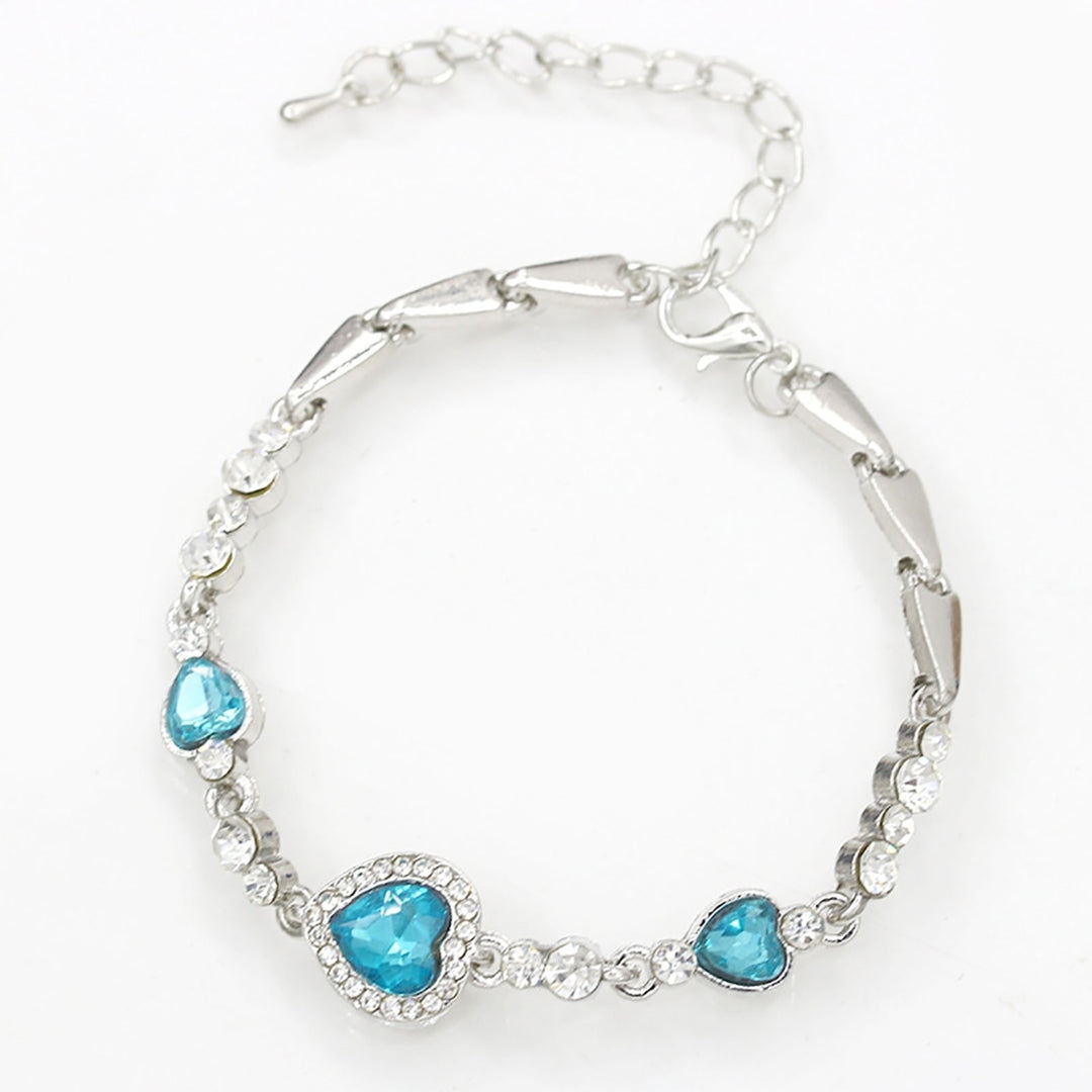 Women Heart Shape Blue Rhinestone Alloy Adjustable Elegant Chain Bracelet for Party Image 12