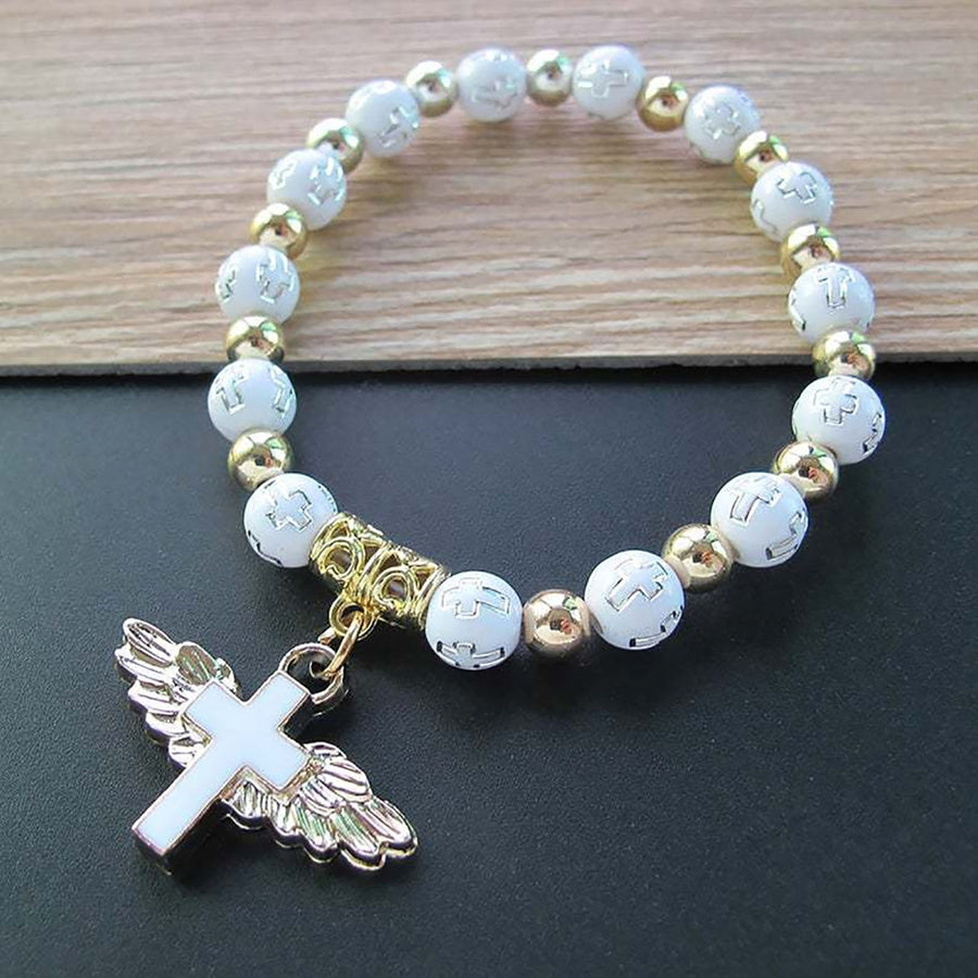 Angel Wing Cross Pendant Unisex Bracelet Traditional Acrylic DIY Handmade Beads Bracelet for Church Event Image 1