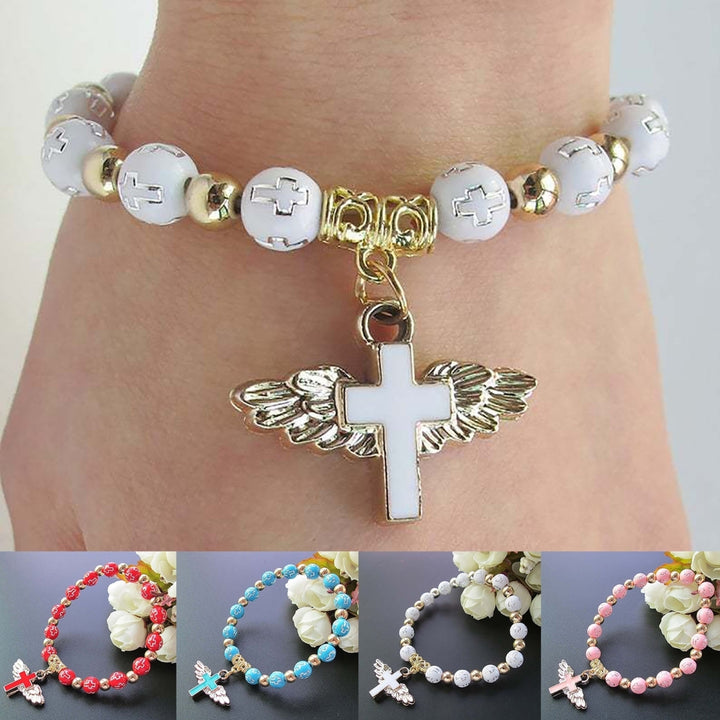 Angel Wing Cross Pendant Unisex Bracelet Traditional Acrylic DIY Handmade Beads Bracelet for Church Event Image 4