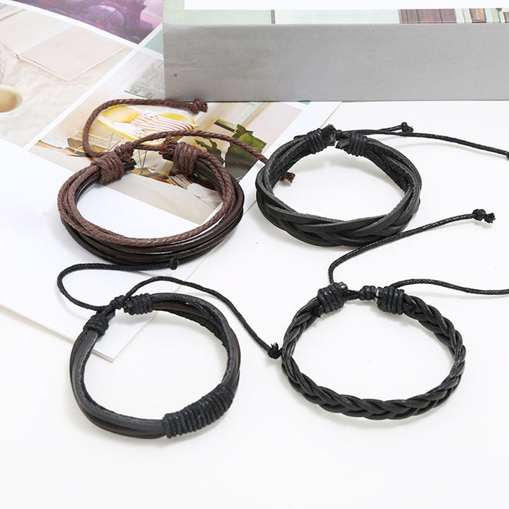 4Pcs Multi-layer Faux Leather Braided Bracelets Linen Rope Adjustable Handmade Unisex Bracelets Jewelry Accessories Image 2