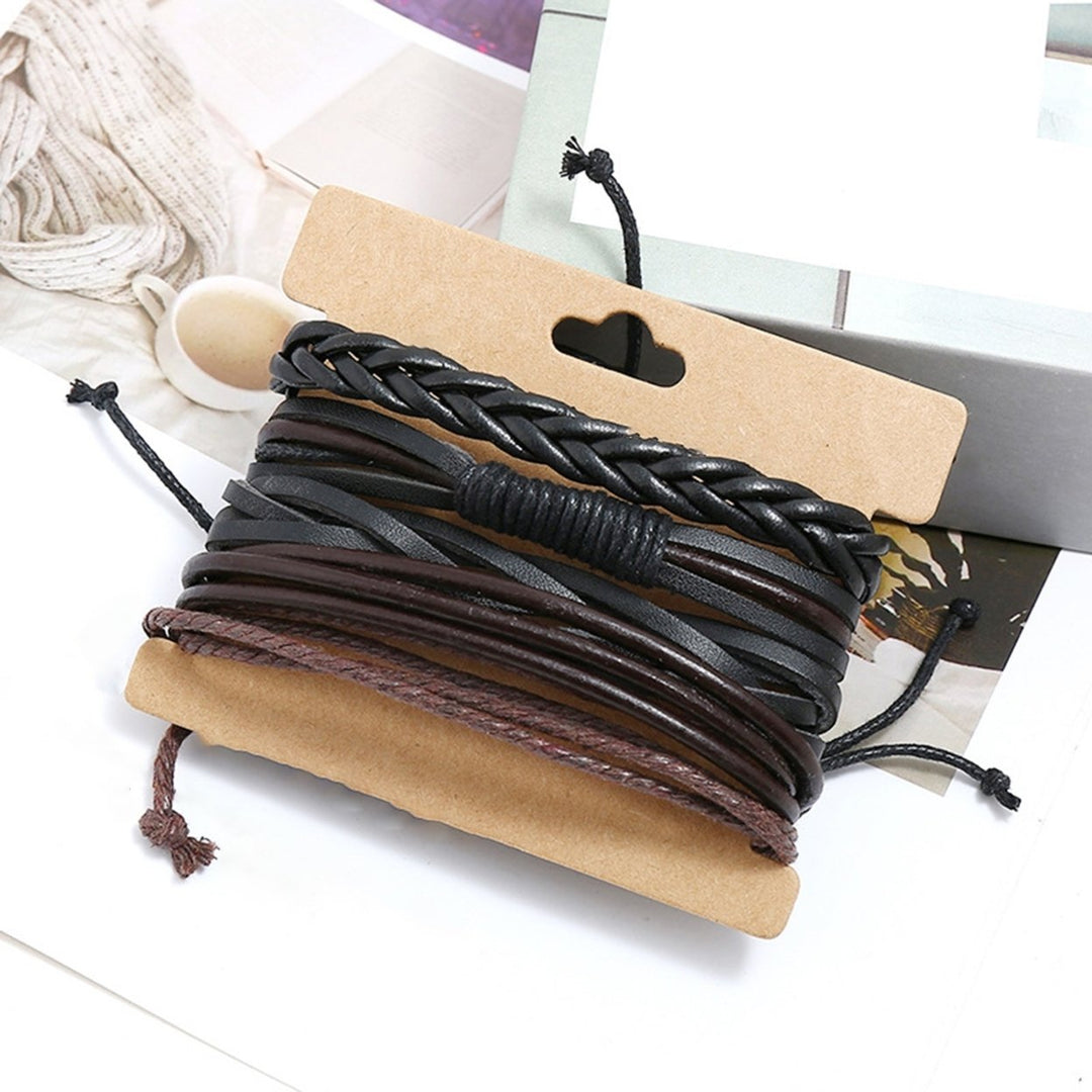 4Pcs Multi-layer Faux Leather Braided Bracelets Linen Rope Adjustable Handmade Unisex Bracelets Jewelry Accessories Image 3