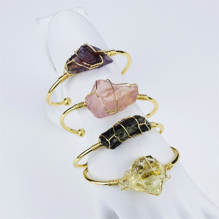 Wire Wrap Natural Stone Women Bracelet Alloy Irregular Stone Opening Adjustable Bangle Jewelry Gift Image 1