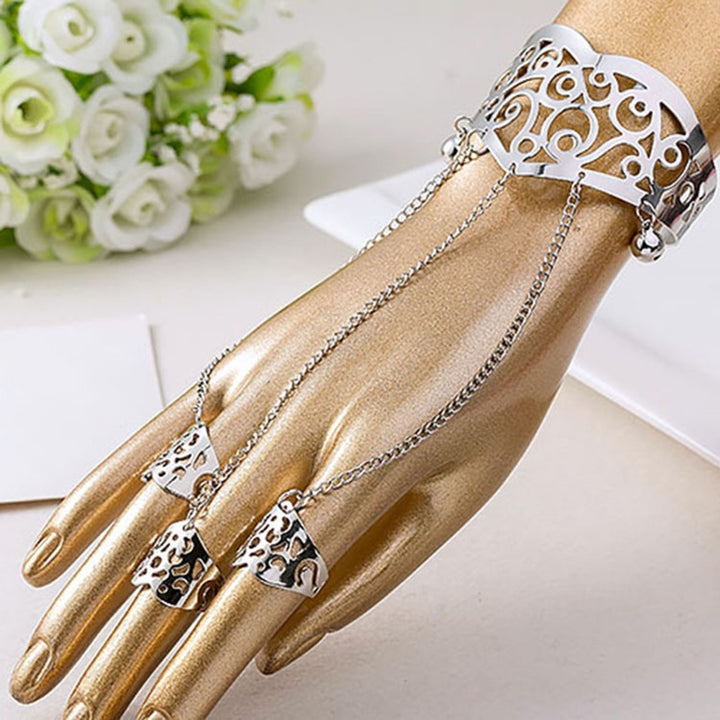 Multilayer Tassel Bell Hand Harness Bracelet Hollow Engraved Pattern Adjustable Bangle Finger Chain Jewelry Accessories Image 6