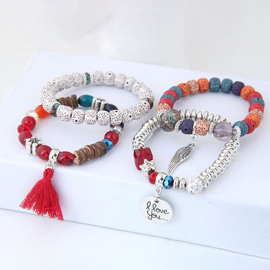 4Pcs Beautiful Stylish Alloy Adorable Wooden Beads Bracelet Fashion Bracelet for Party Image 8