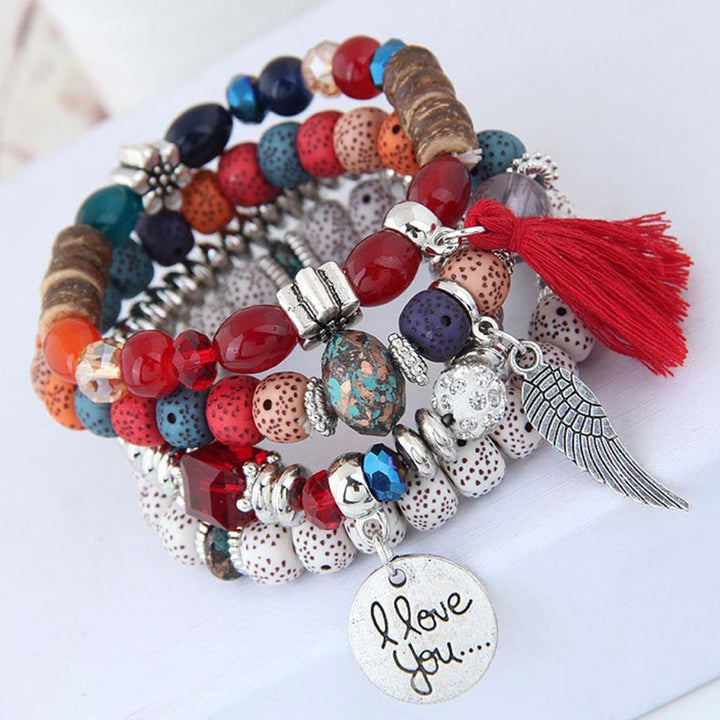 4Pcs Beautiful Stylish Alloy Adorable Wooden Beads Bracelet Fashion Bracelet for Party Image 9