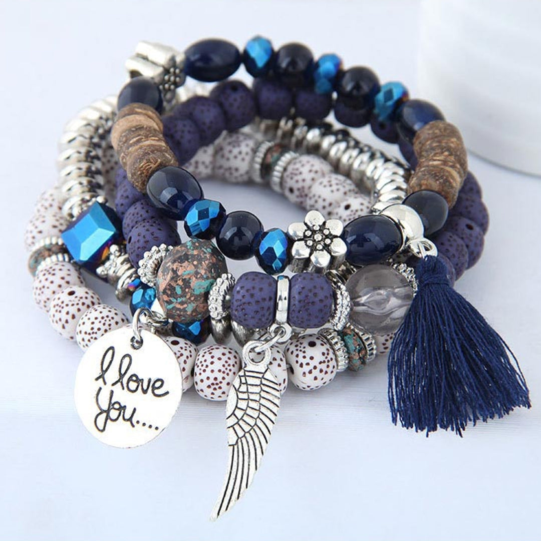 4Pcs Beautiful Stylish Alloy Adorable Wooden Beads Bracelet Fashion Bracelet for Party Image 12