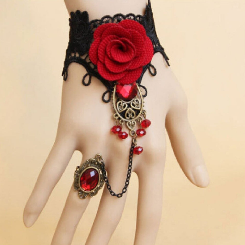 Rose Decor Black Lace Ring Bracelet Women Faux Gem Faux Pearl Ring Hand Chain Jewelry Accessory Image 2