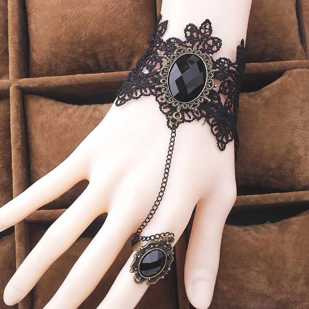 Rose Decor Black Lace Ring Bracelet Women Faux Gem Faux Pearl Ring Hand Chain Jewelry Accessory Image 3