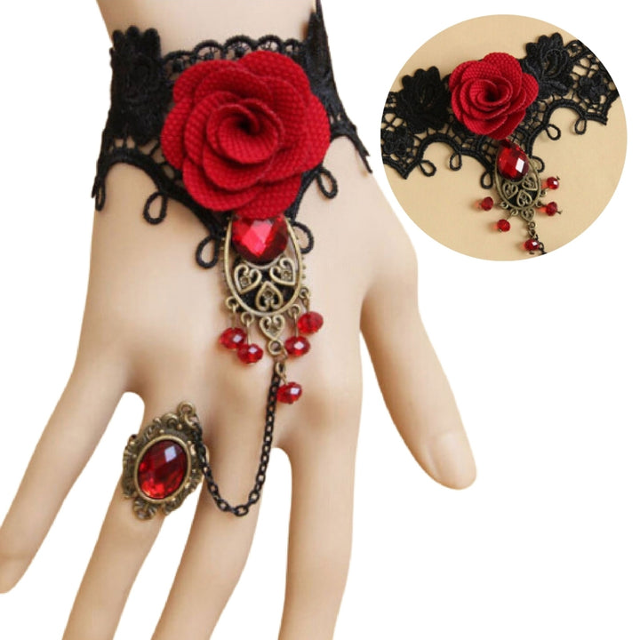 Rose Decor Black Lace Ring Bracelet Women Faux Gem Faux Pearl Ring Hand Chain Jewelry Accessory Image 6