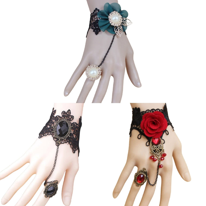 Rose Decor Black Lace Ring Bracelet Women Faux Gem Faux Pearl Ring Hand Chain Jewelry Accessory Image 7