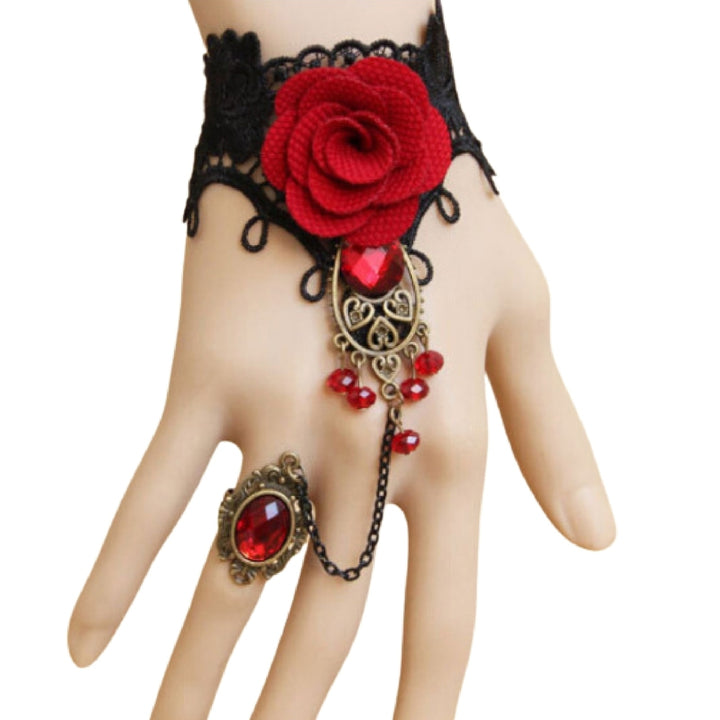 Rose Decor Black Lace Ring Bracelet Women Faux Gem Faux Pearl Ring Hand Chain Jewelry Accessory Image 8