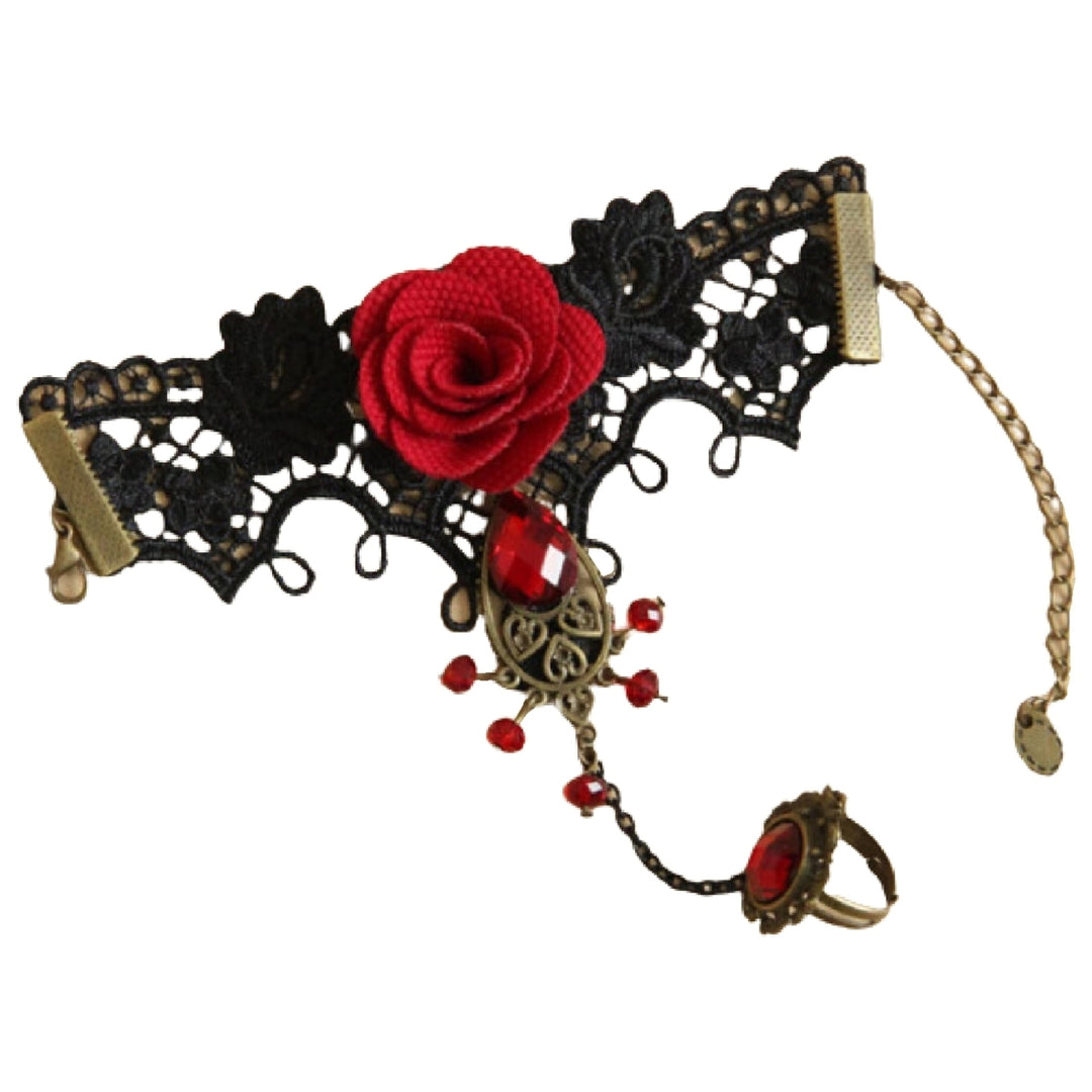 Rose Decor Black Lace Ring Bracelet Women Faux Gem Faux Pearl Ring Hand Chain Jewelry Accessory Image 9