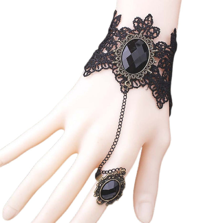 Rose Decor Black Lace Ring Bracelet Women Faux Gem Faux Pearl Ring Hand Chain Jewelry Accessory Image 10