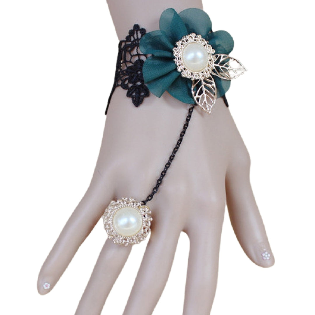 Rose Decor Black Lace Ring Bracelet Women Faux Gem Faux Pearl Ring Hand Chain Jewelry Accessory Image 11