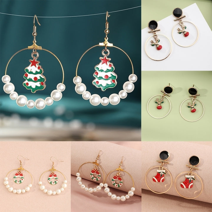 Women Christmas Tree Elk Eardrop Faux Pearl Geometric Hoop Earrings Xmas Gift Image 1