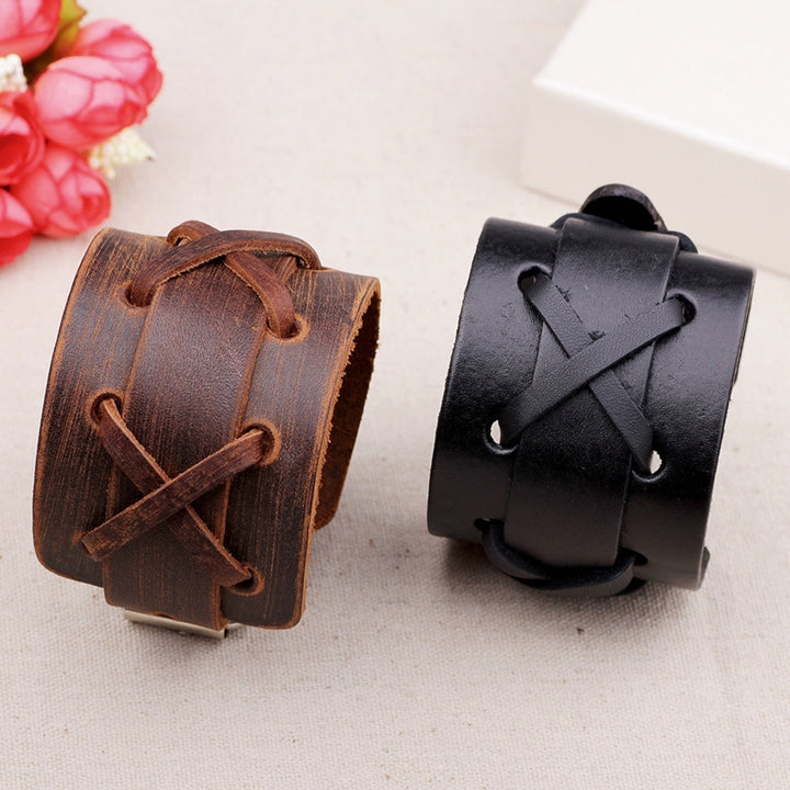 Adjustable Metal Buckle Closure Men Bracelet Comfortable Men Punk Rock Faux Leather Wristband Jewelry Accessory Image 1