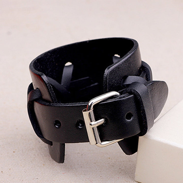 Adjustable Metal Buckle Closure Men Bracelet Comfortable Men Punk Rock Faux Leather Wristband Jewelry Accessory Image 4