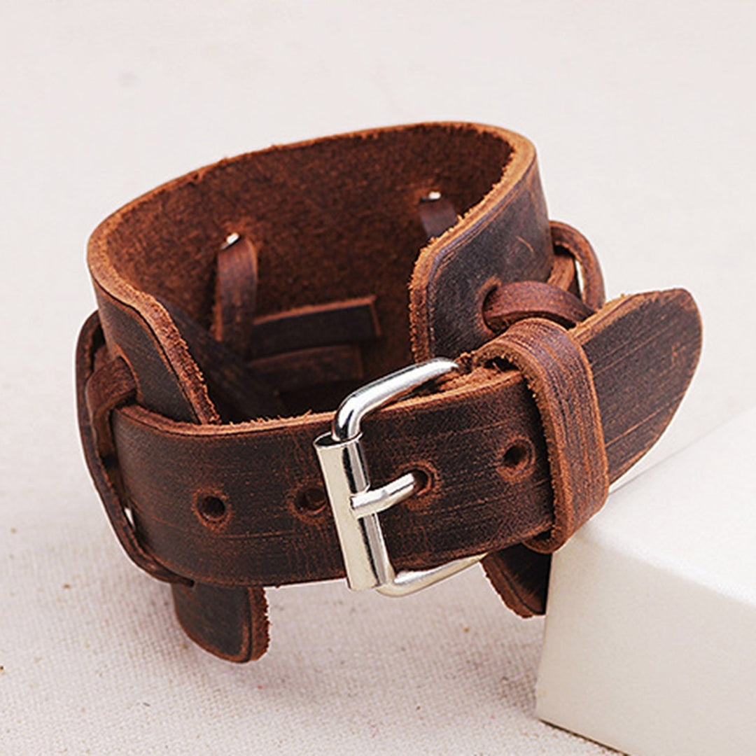 Adjustable Metal Buckle Closure Men Bracelet Comfortable Men Punk Rock Faux Leather Wristband Jewelry Accessory Image 7