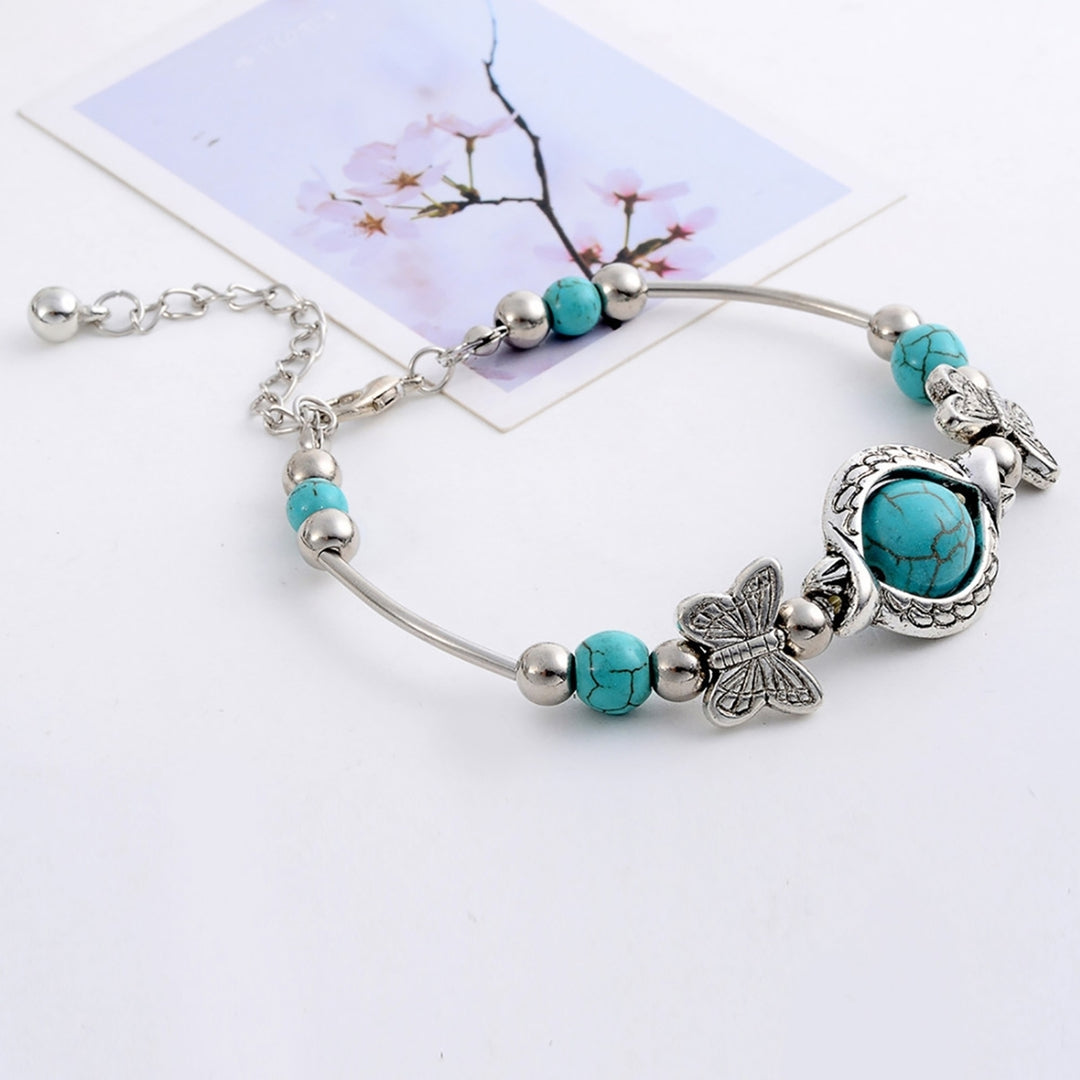 Butterflies Decor Adjustable Unisex Bracelet Alloy Handmade Turquoises Beads Retro Bracelet Jewelry Accessories Image 3