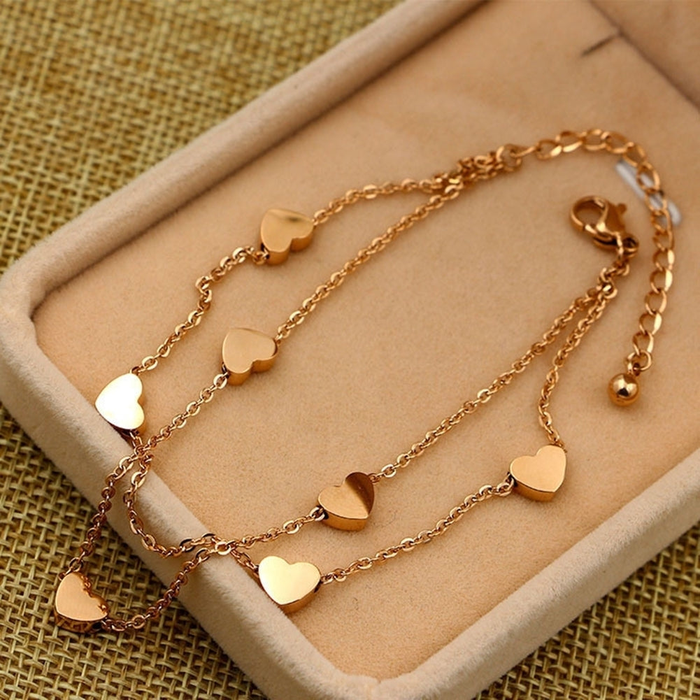 Fashion Women Alloy Heart Charm Dual Layer Chain Bracelet Party Jewelry Gift Image 4