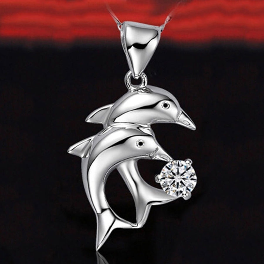 Elegant Womens Double Dolphins Jump Rhinestone Inlaid Single Pendant Jewelry Image 1