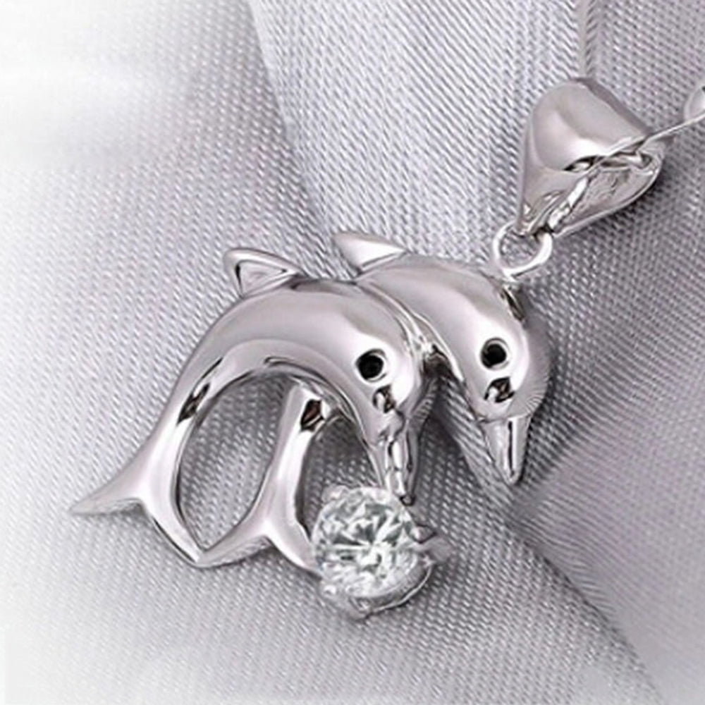 Elegant Womens Double Dolphins Jump Rhinestone Inlaid Single Pendant Jewelry Image 2