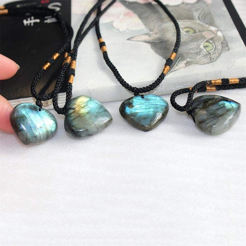 Natural Love Heart Shape Labradorite Moonstone Pendant Necklace Jewelry Gift Image 2