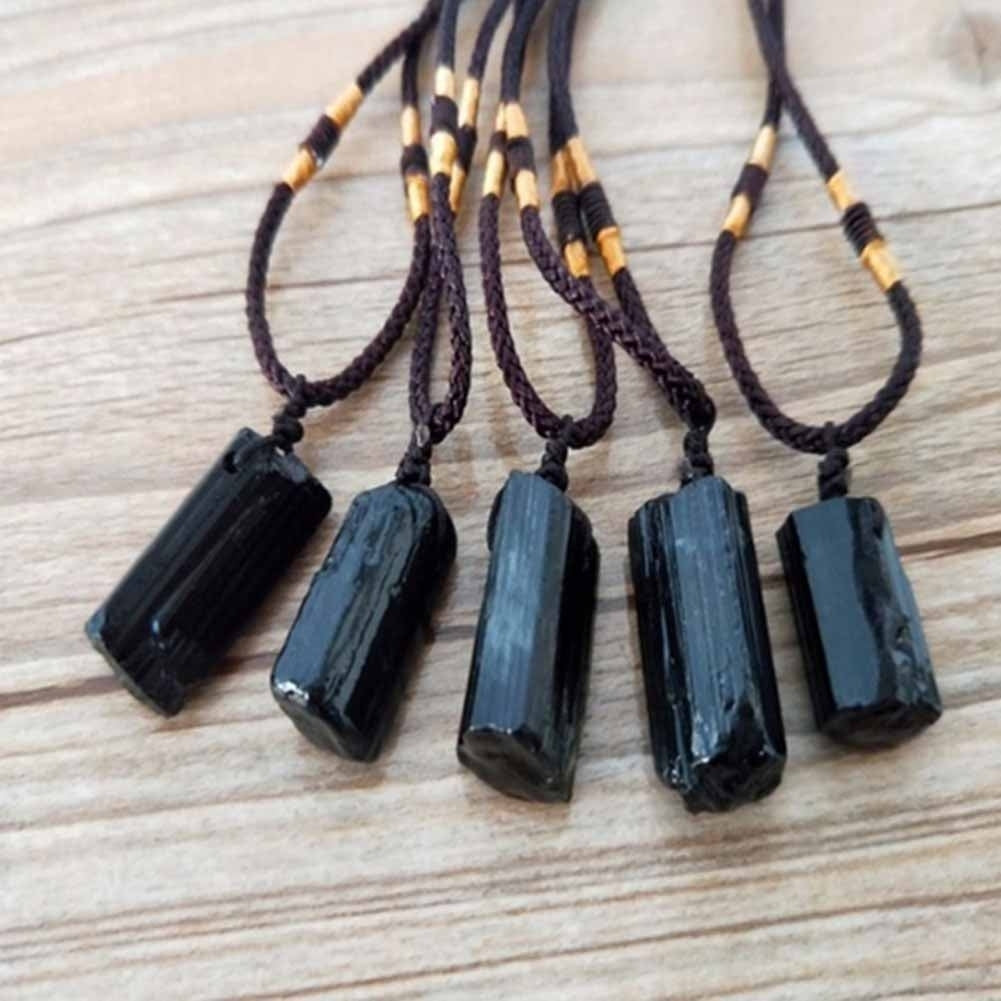 Fashion Black Tourmaline Stone Pendant with Rope Faux Gem Specimen Birthday Gift Image 4