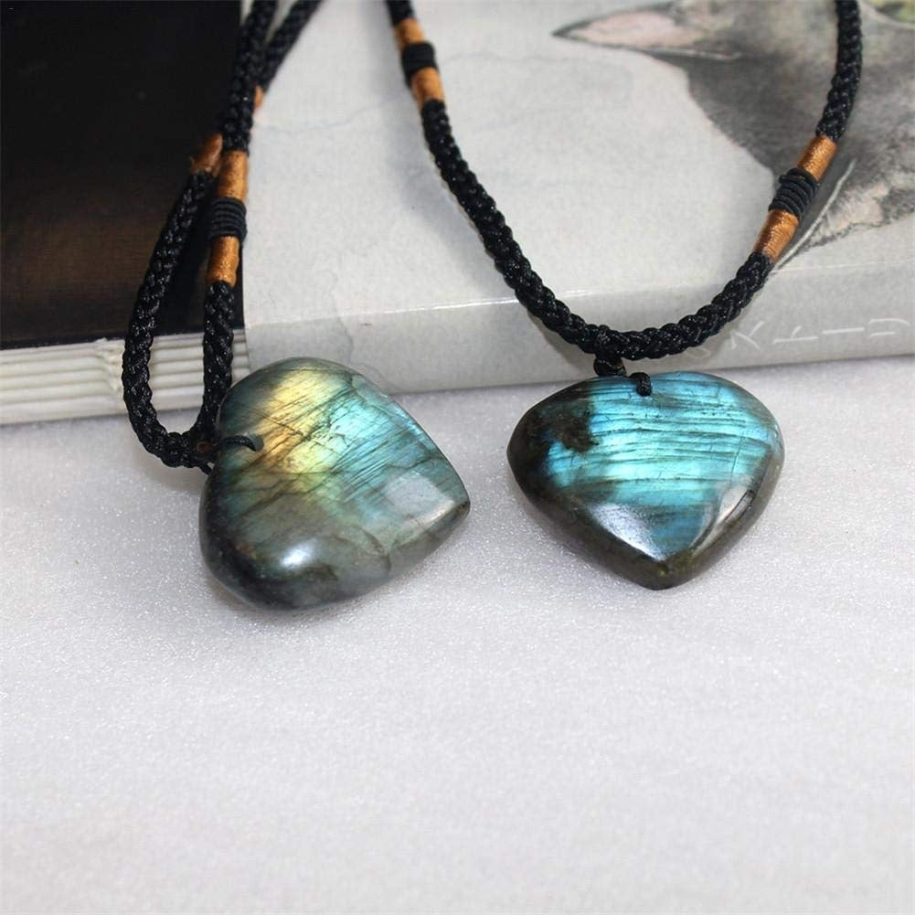 Natural Love Heart Shape Labradorite Moonstone Pendant Necklace Jewelry Gift Image 3